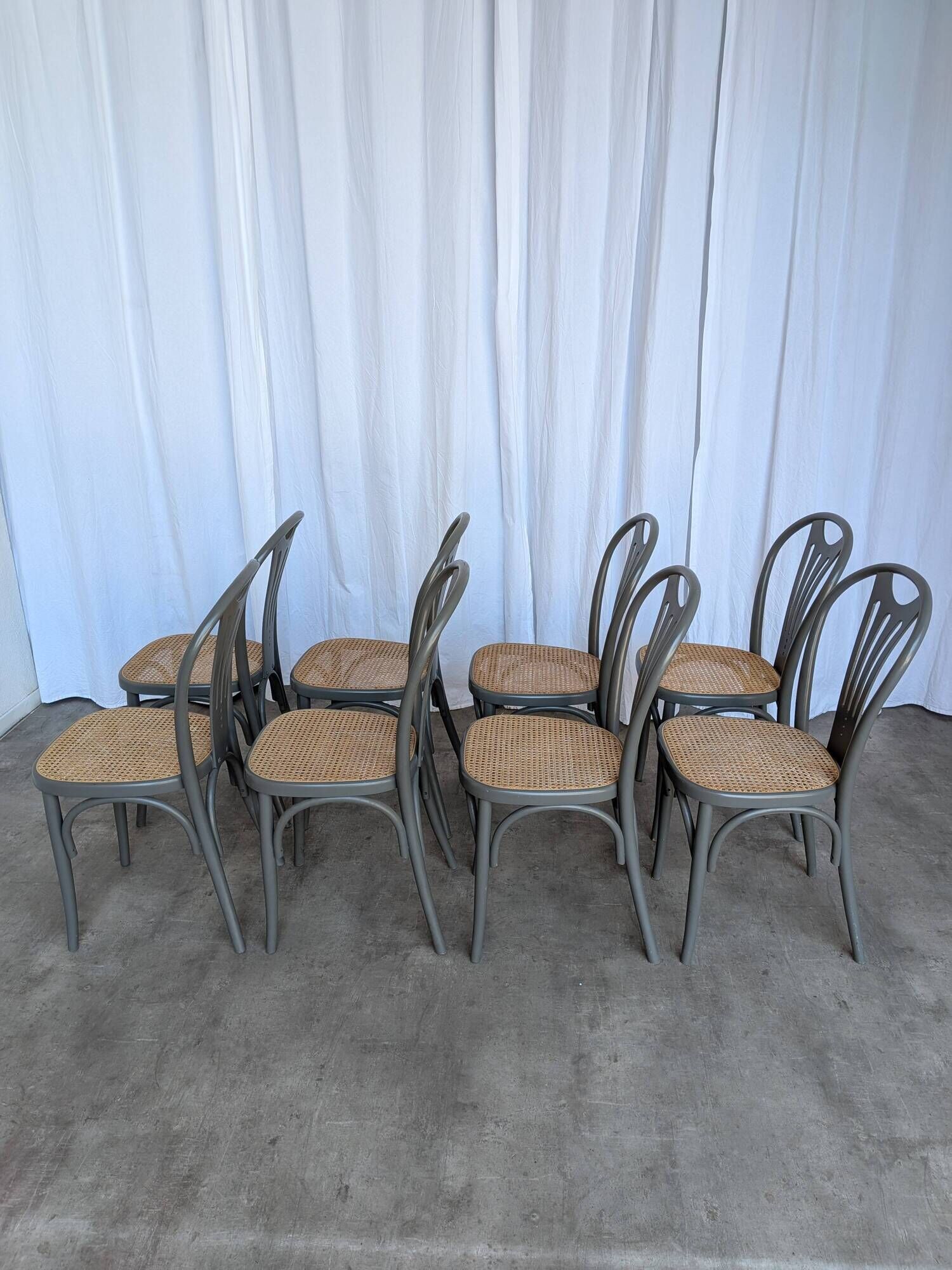 Set of 8 Vintage Gray Bentwood Dining Chair: Thonet Style Cane Seat