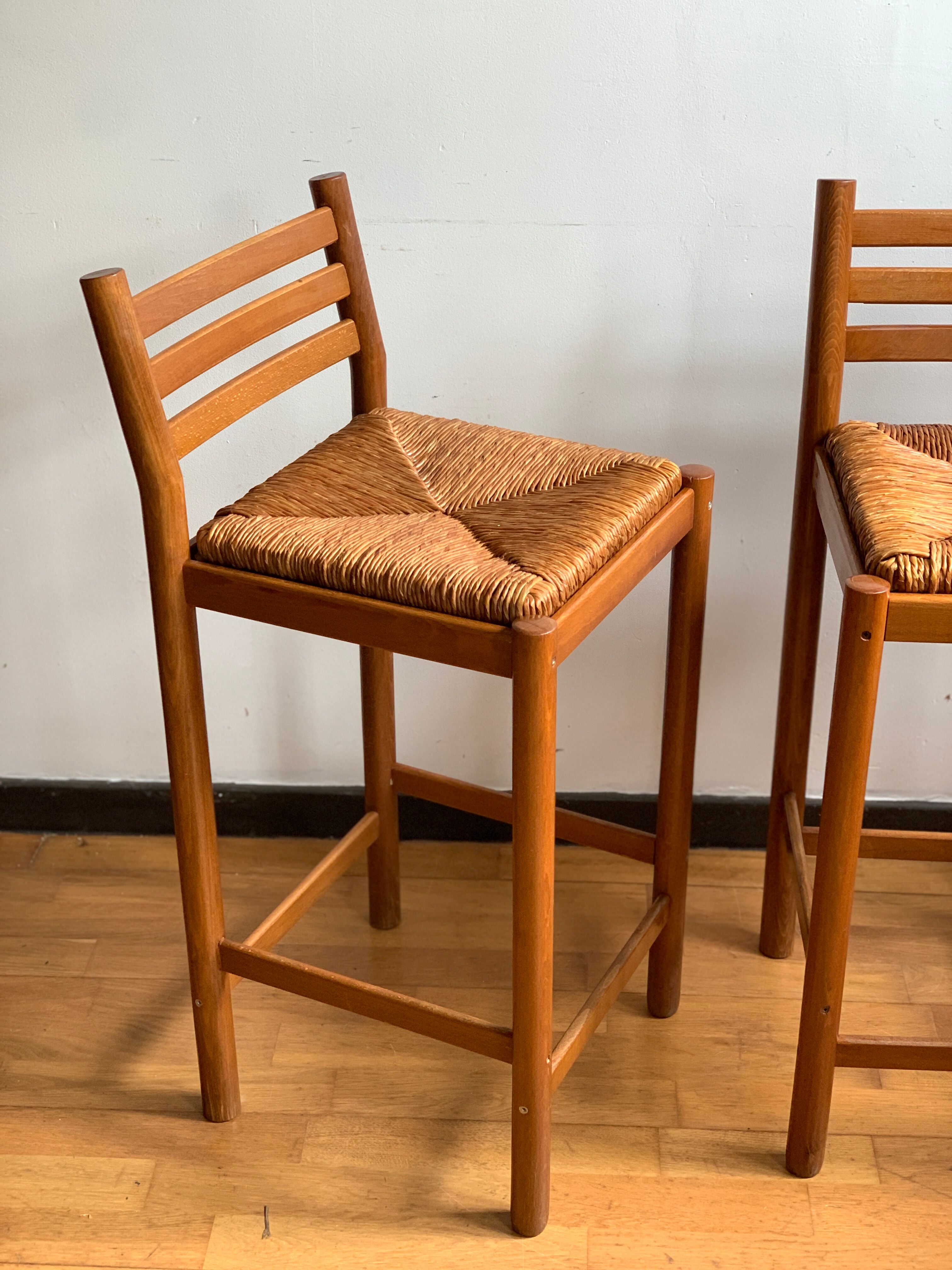 Tabouret chaise de bar bois et paille