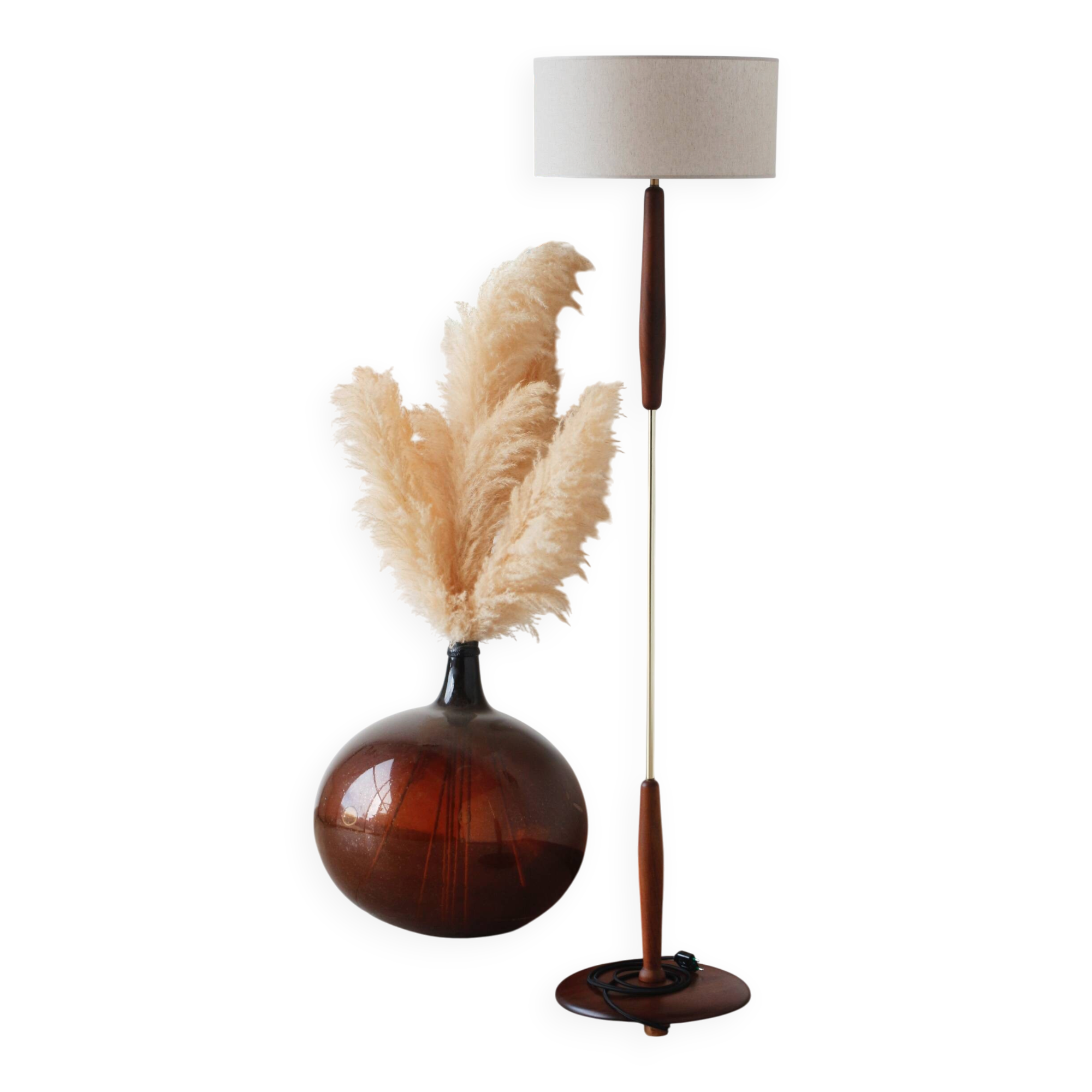 Vintage floor lamp in teak and brass with a cream shade.