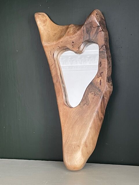 Brutalist mirror made of olive wood