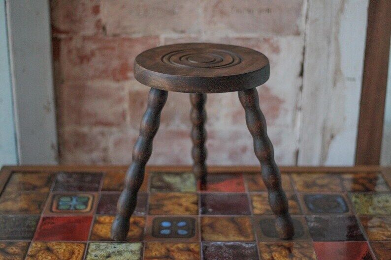 Vintage stool, tripod stool, occasional stool, wooden plant stand, side table, interior decoration.