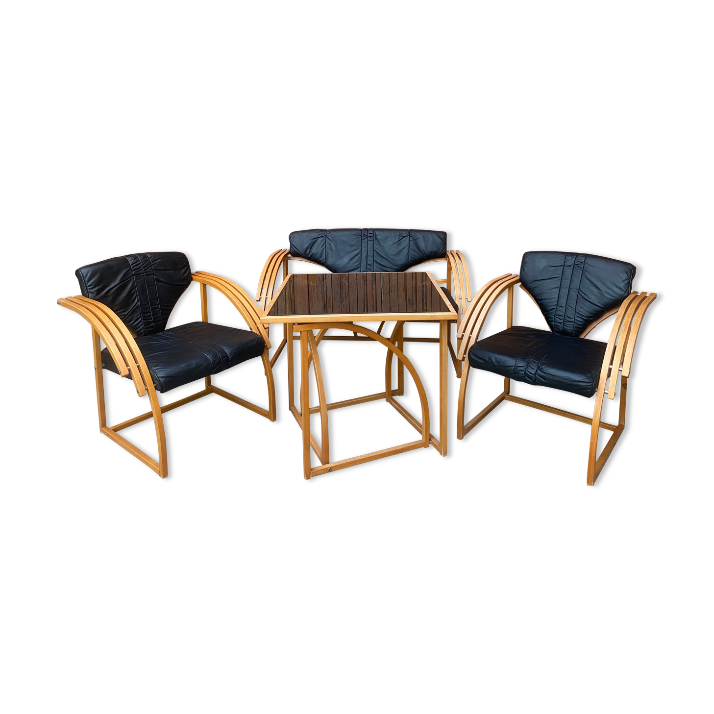 Mid-century leather sofa, 2 fotels, and table in sett