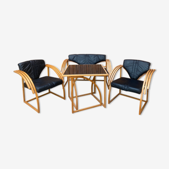 Canapé en cuir du milieu du siècle, 2 fauteuils et table