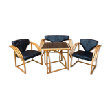 Mid-century leather sofa, 2 fotels, and table in sett