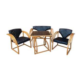 Canapé en cuir du milieu du siècle, 2 fauteuils et table