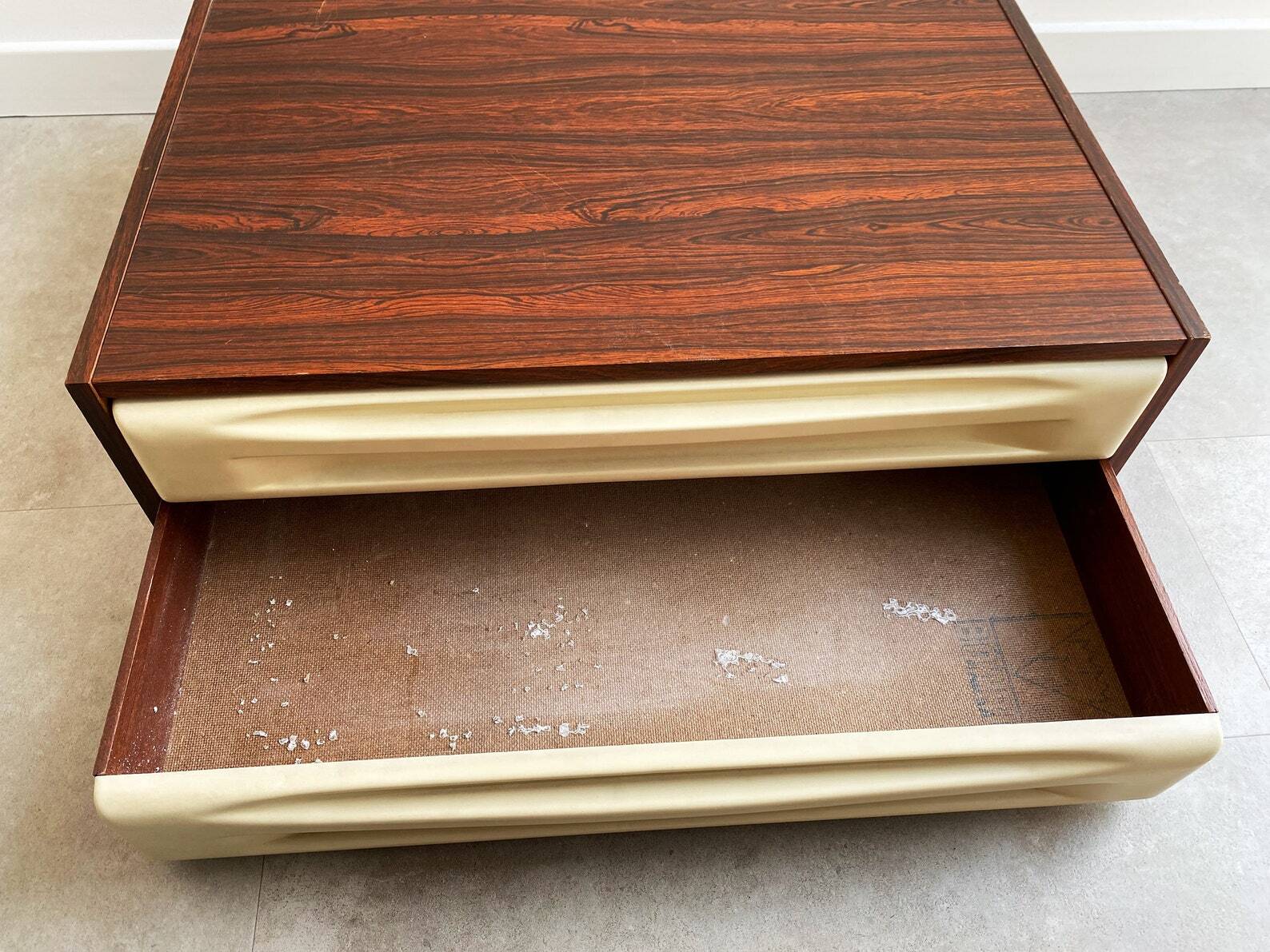 Mid Century rosewood cabinet with 2 beige plastic drawers