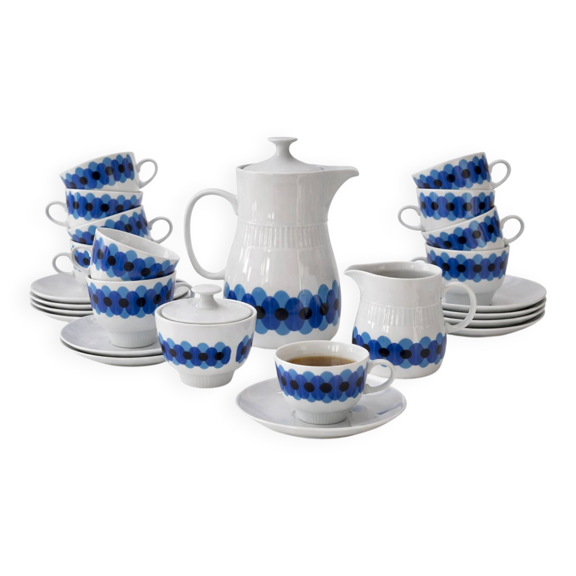 Service of 11 Coffee Cups and Saucers - 70s Design - White and Blue Porcelain