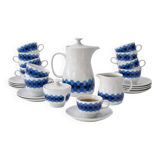 Service of 11 Coffee Cups and Saucers - 70s Design - White and Blue Porcelain