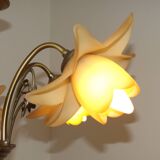 Vintage 5-light chandelier in metal with a bronze effect and flower-shaped lampshades, France.