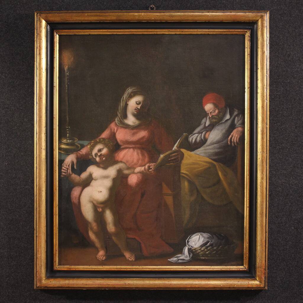 Peinture italienne antique du 17ème siècle, Sainte Famille.