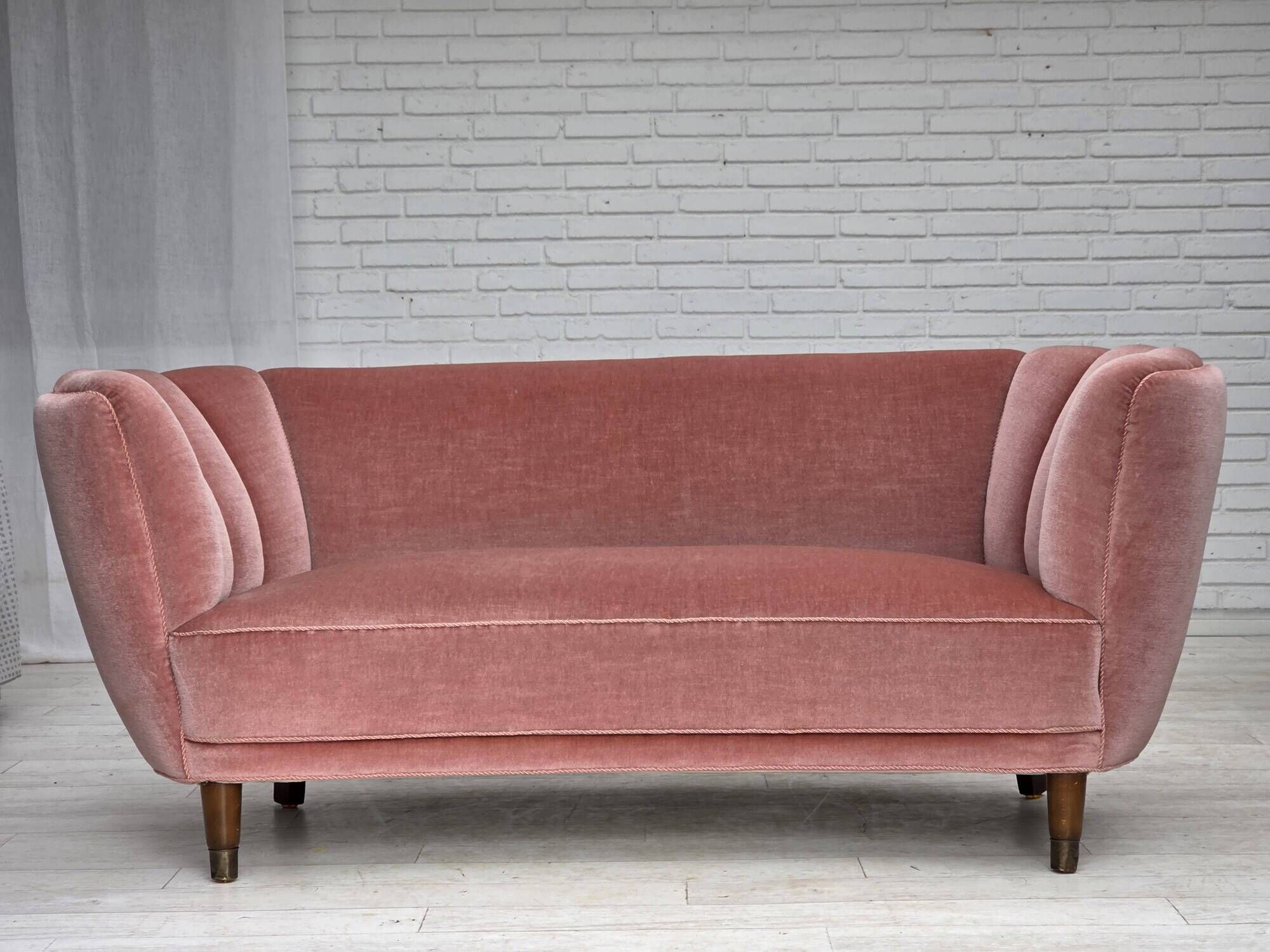 1970s, Danish 2-seater curved sofa, original salmon pink furniture velour.