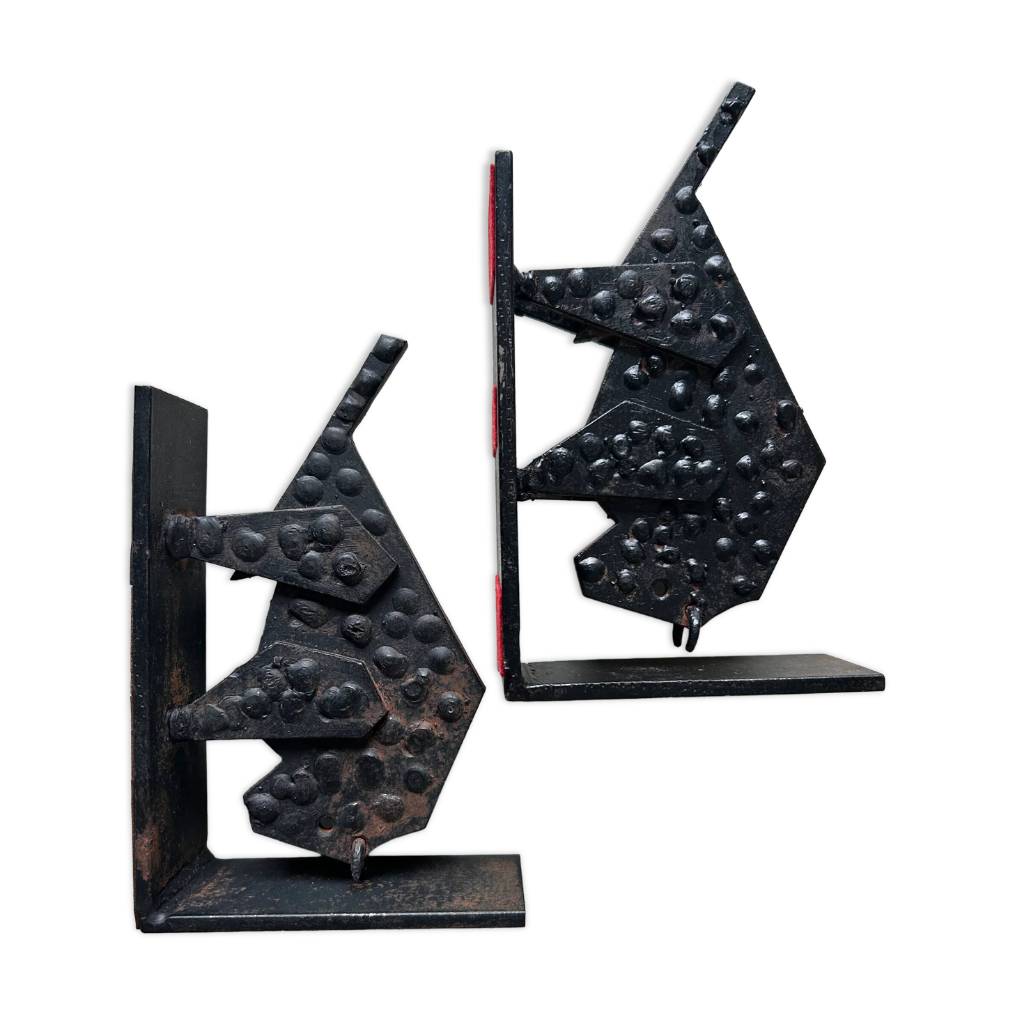 Pair of brutalist buffalo / bison bookends, black metal, mid-century