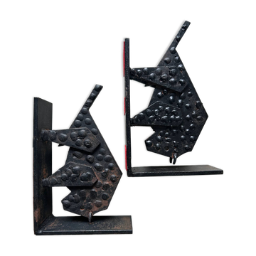 Pair of brutalist buffalo / bison bookends, black metal, mid-century