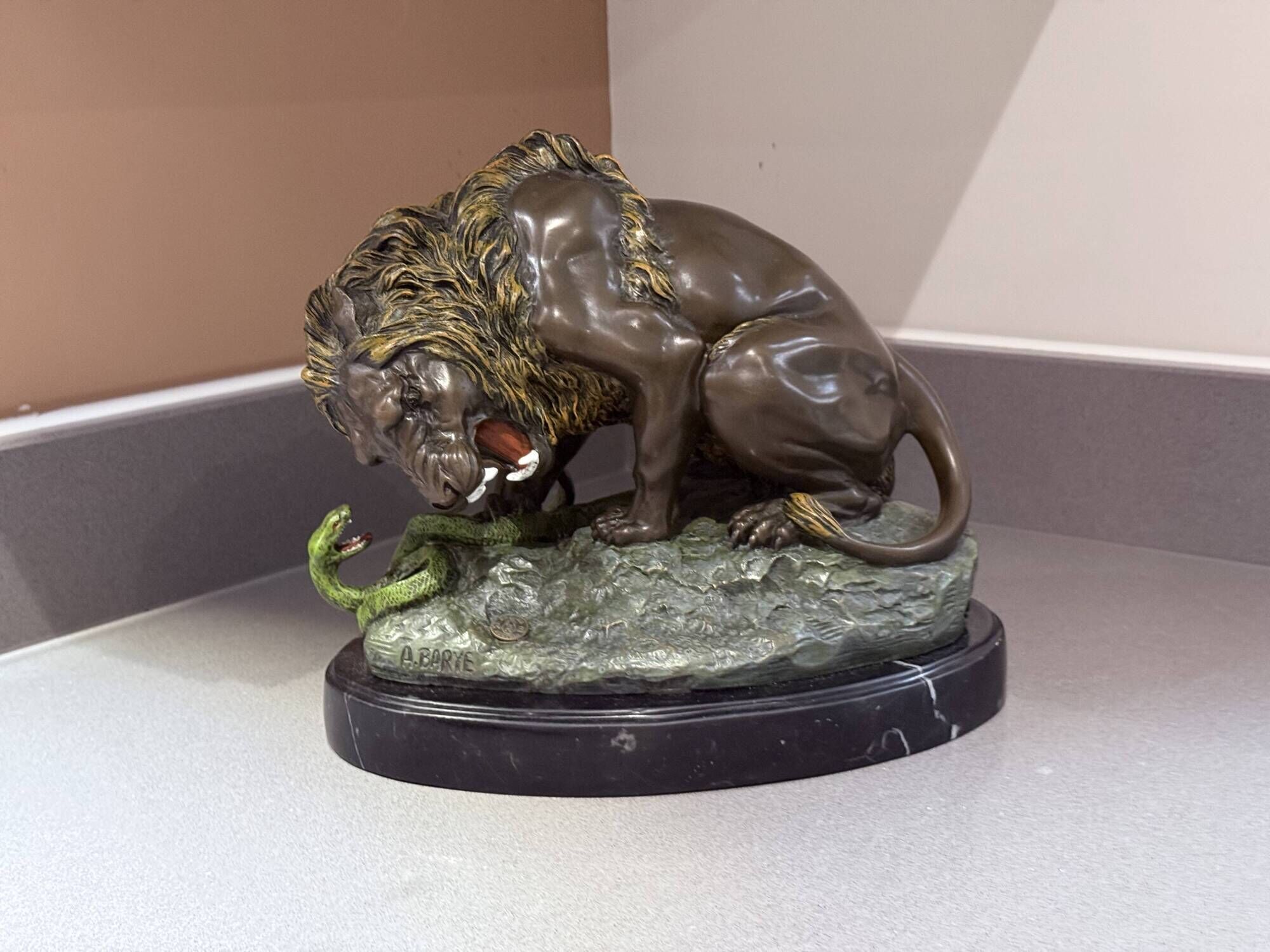 Antique Cold-Painted Bronze Lion Fighting a Snake, After Antoine-Louis Barye