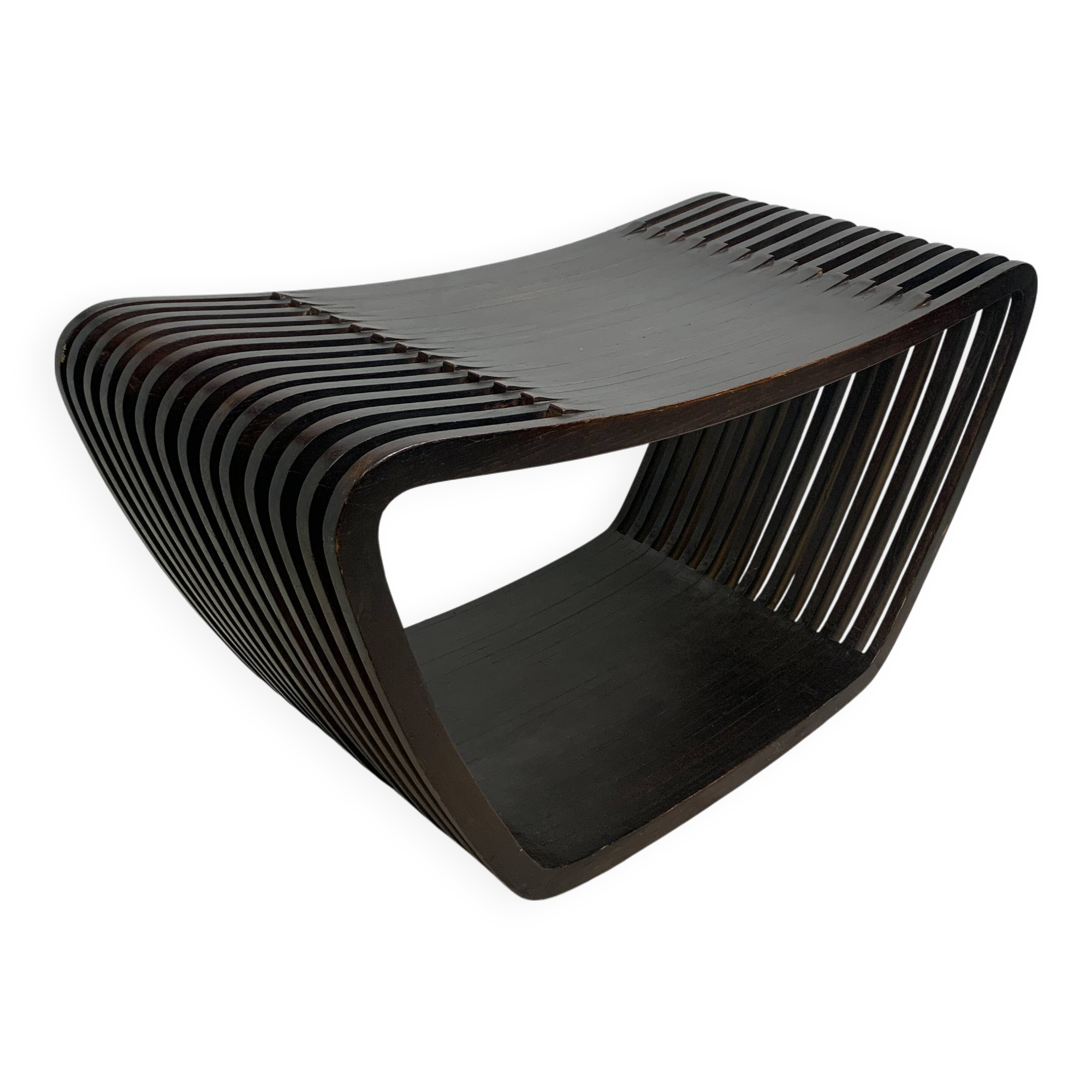 Post modern Dutch slatted wooden wavy curvy bench or  coffee table, 1970s