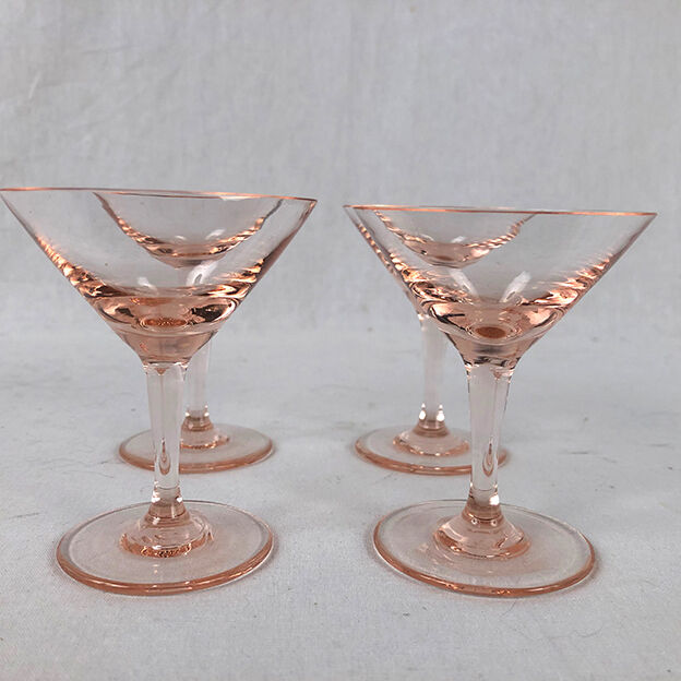 Pink glass liquor service, engraved decanter
