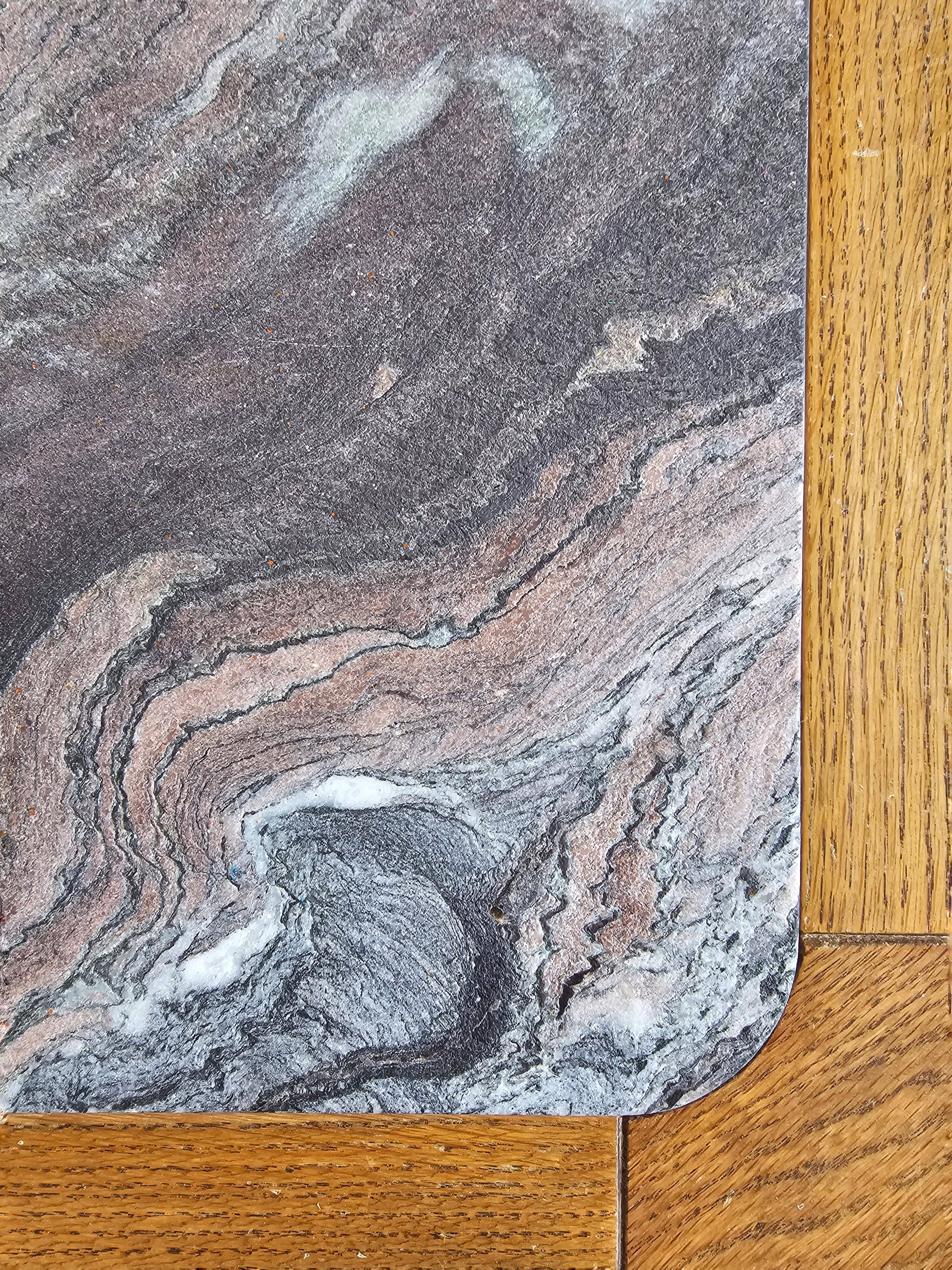 Brutalist coffee table in solid oak with a Rosso Luana marble top.