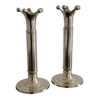 Pair of vintage art deco silver metal candlesticks 1920