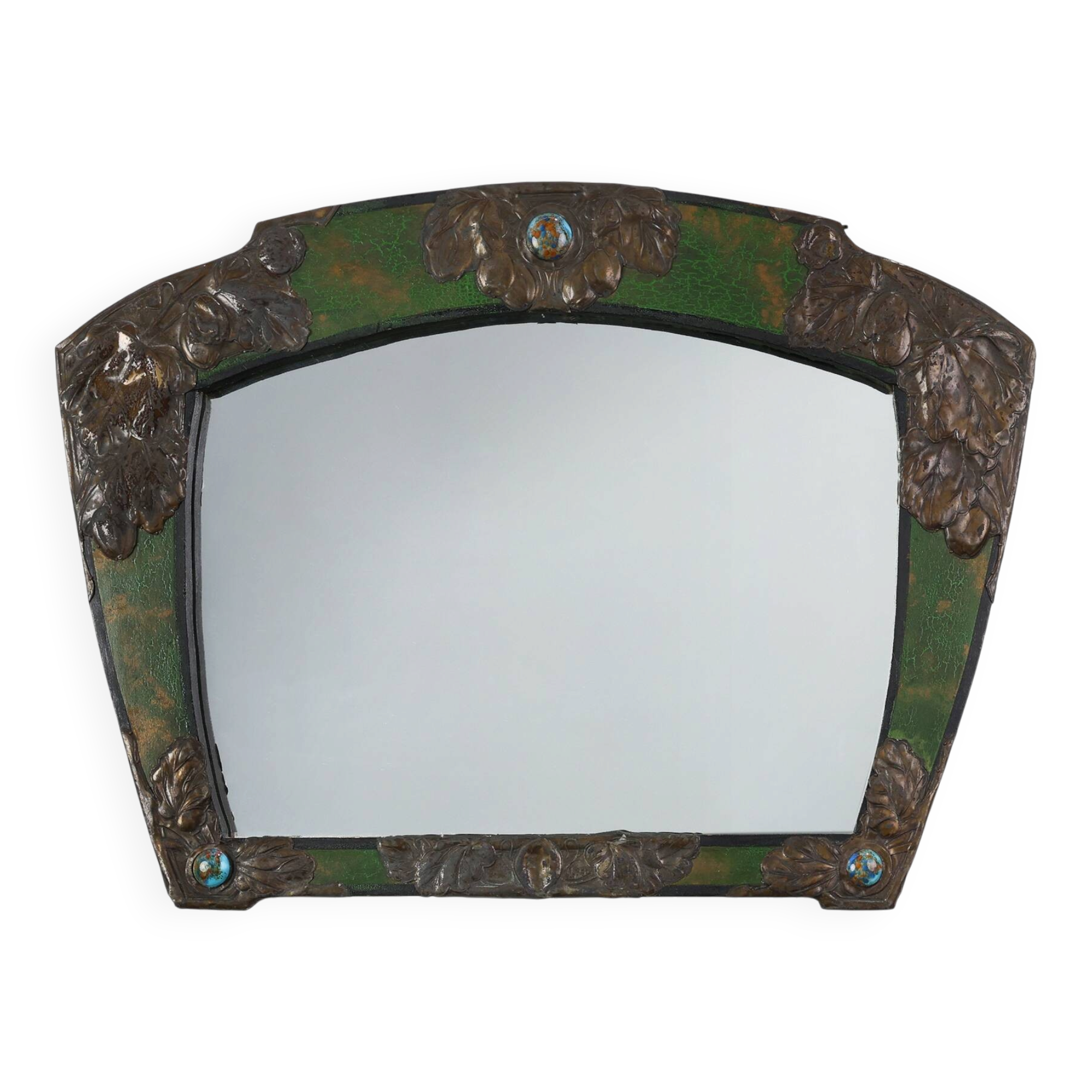 Arts & Crafts Mirror in green metal with glass decoration, France ca. 1905