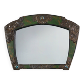 Miroir Arts & Crafts en métal vert avec décoration en verre, France vers 1905