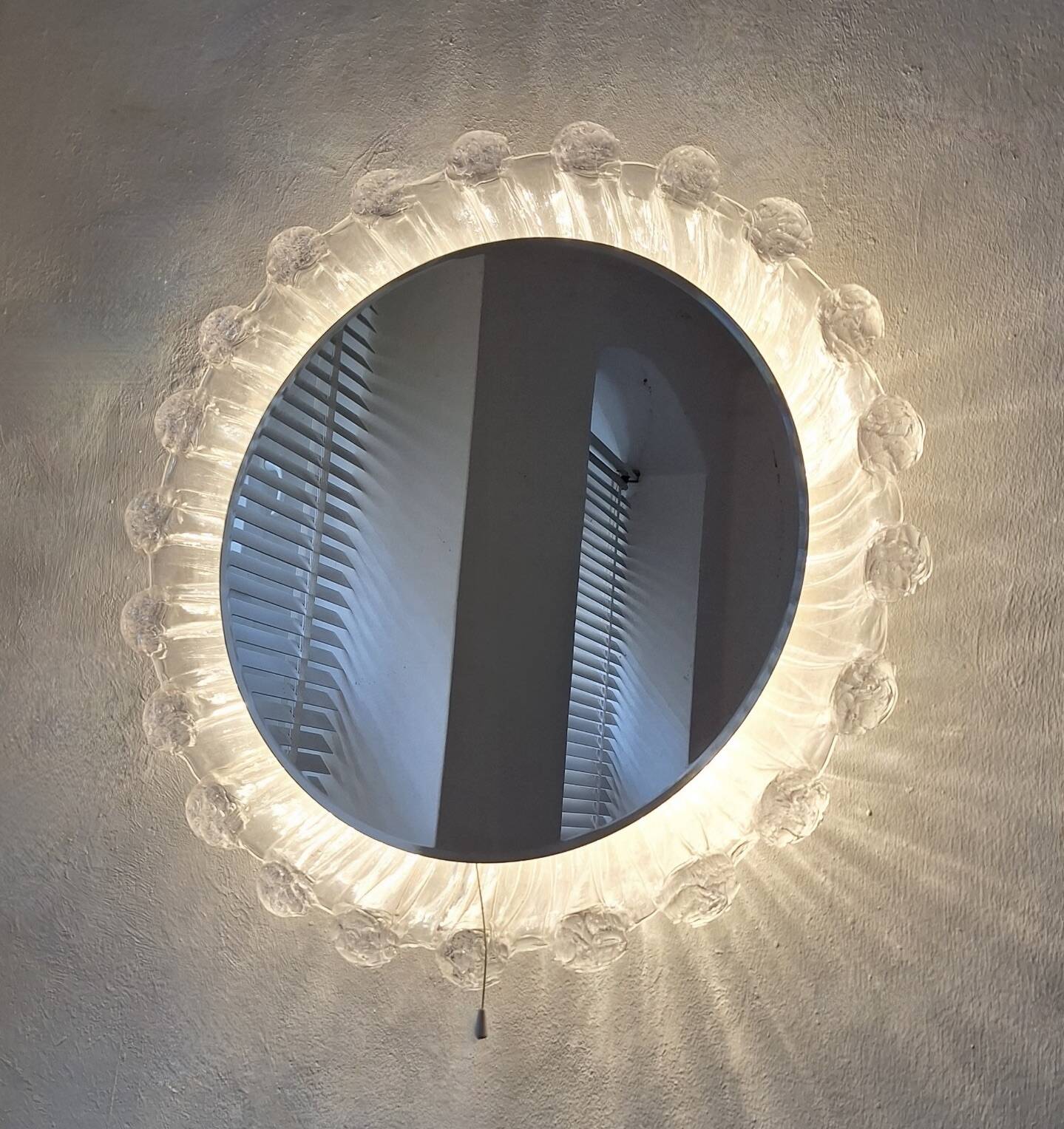Large circular Boho wall lights with mirror in melted ice acrylic, 1970s