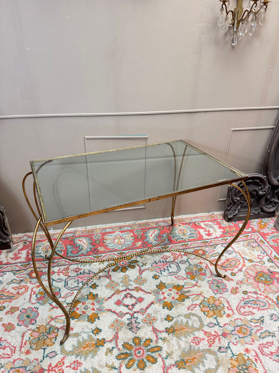 Golden wrought iron console table circa 1950