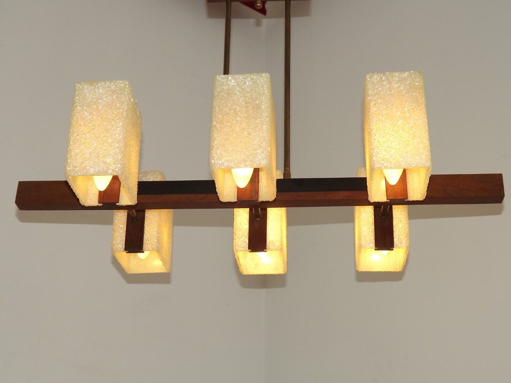 Super Retro 1960s Scandinavian Style 6 Light Teak Bass & Perspex Chandelier