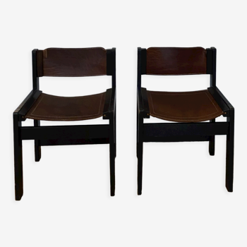 2 wooden and leather chairs