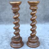 Antique pair of twisted oak candlesticks, table decoration, French heritage