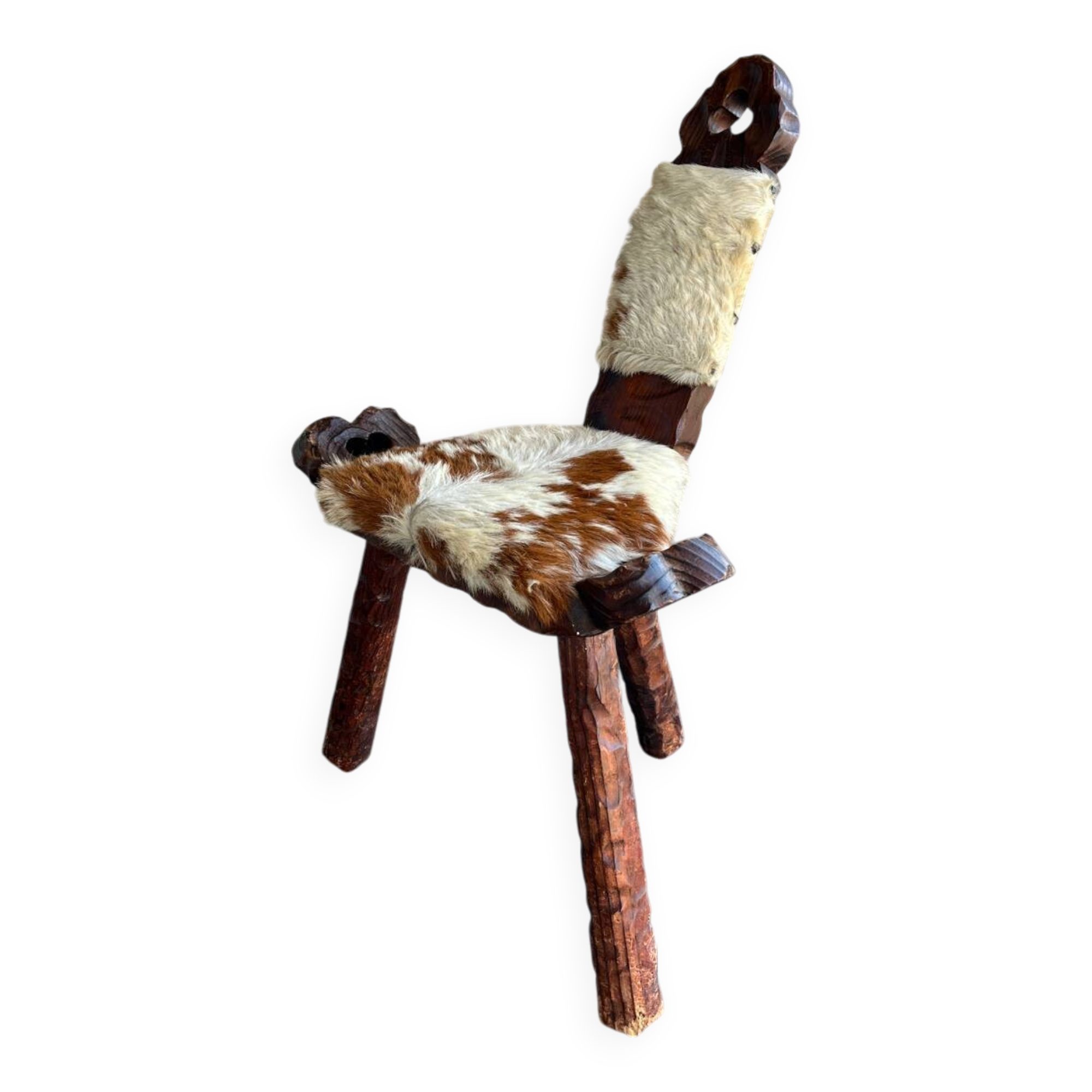 Vintage brutalist tripod chair in wood and leather