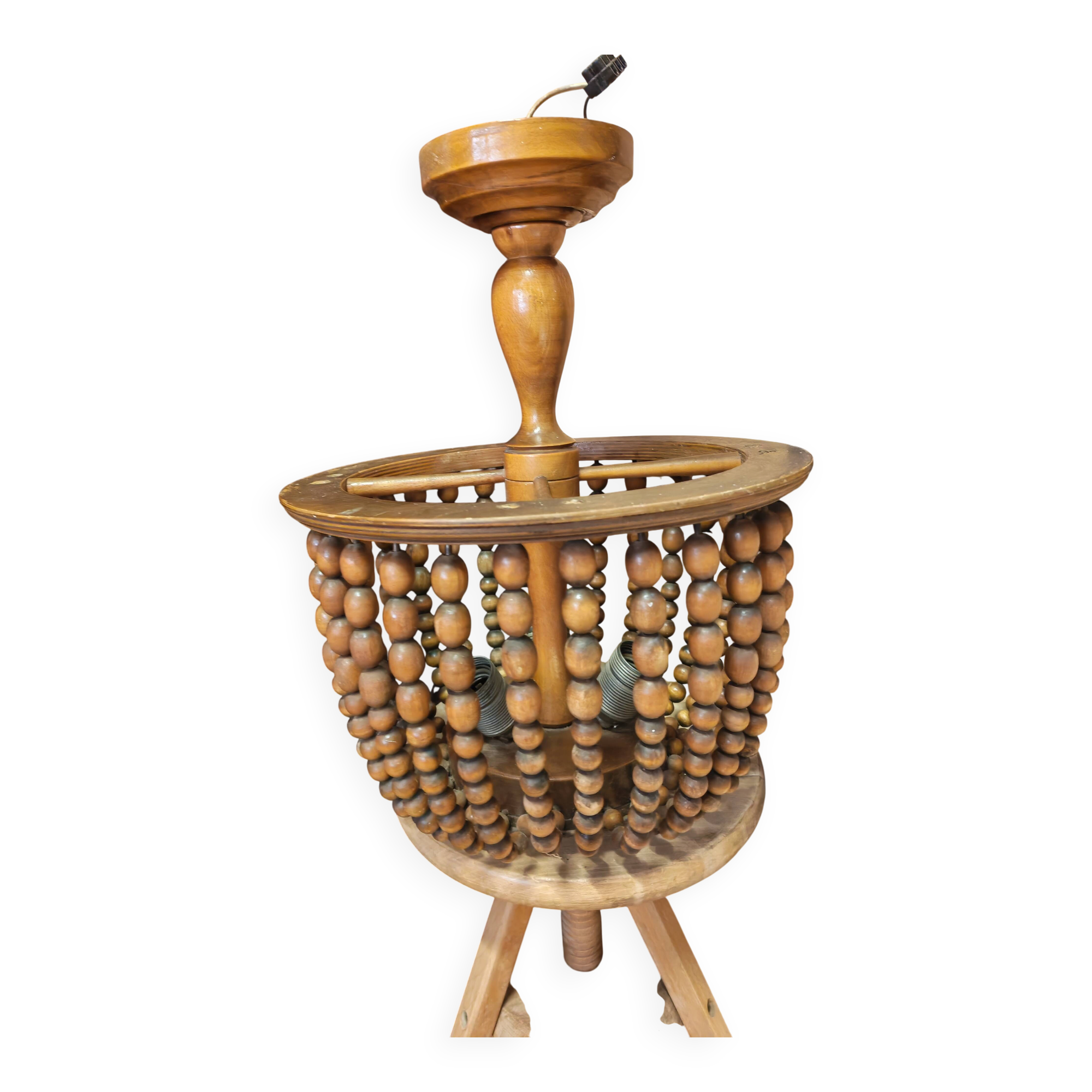 Vintage wooden turned cage chandelier with beads from the 1960s.
