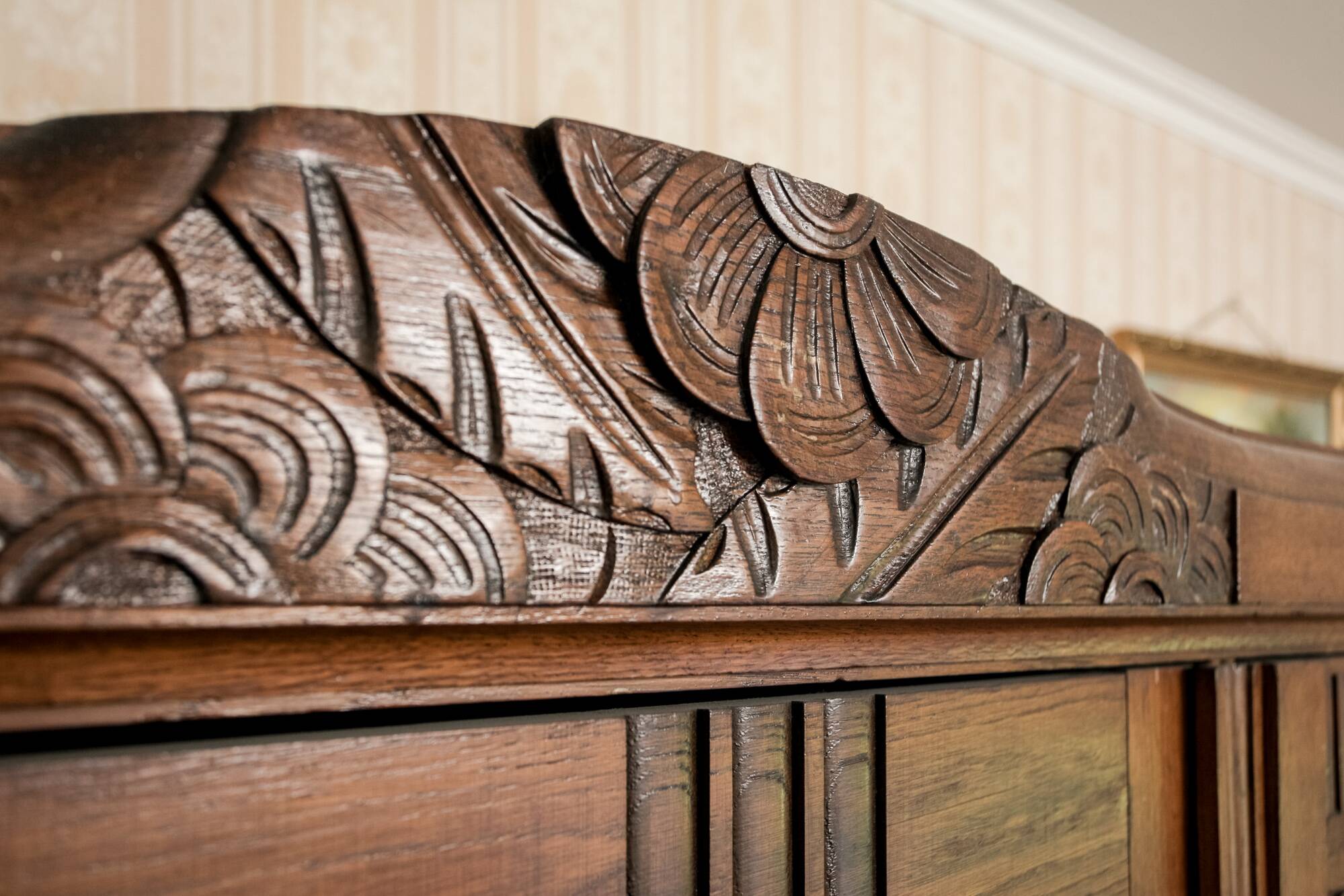 Old solid wood wardrobe with three vintage mirror doors