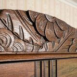 Old solid wood wardrobe with three vintage mirror doors