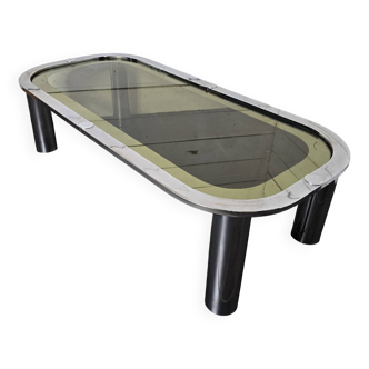 Designer coffee table in chromed metal with smoked glass top