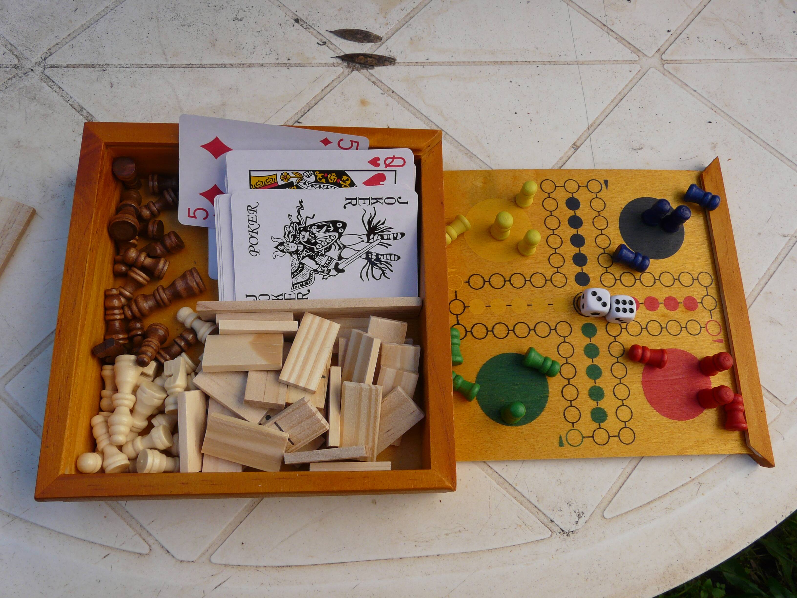 wooden games box: chess - little horses - dominoes - cards