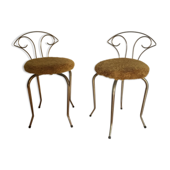 Paire de chaises moumoute structure rotative dorée