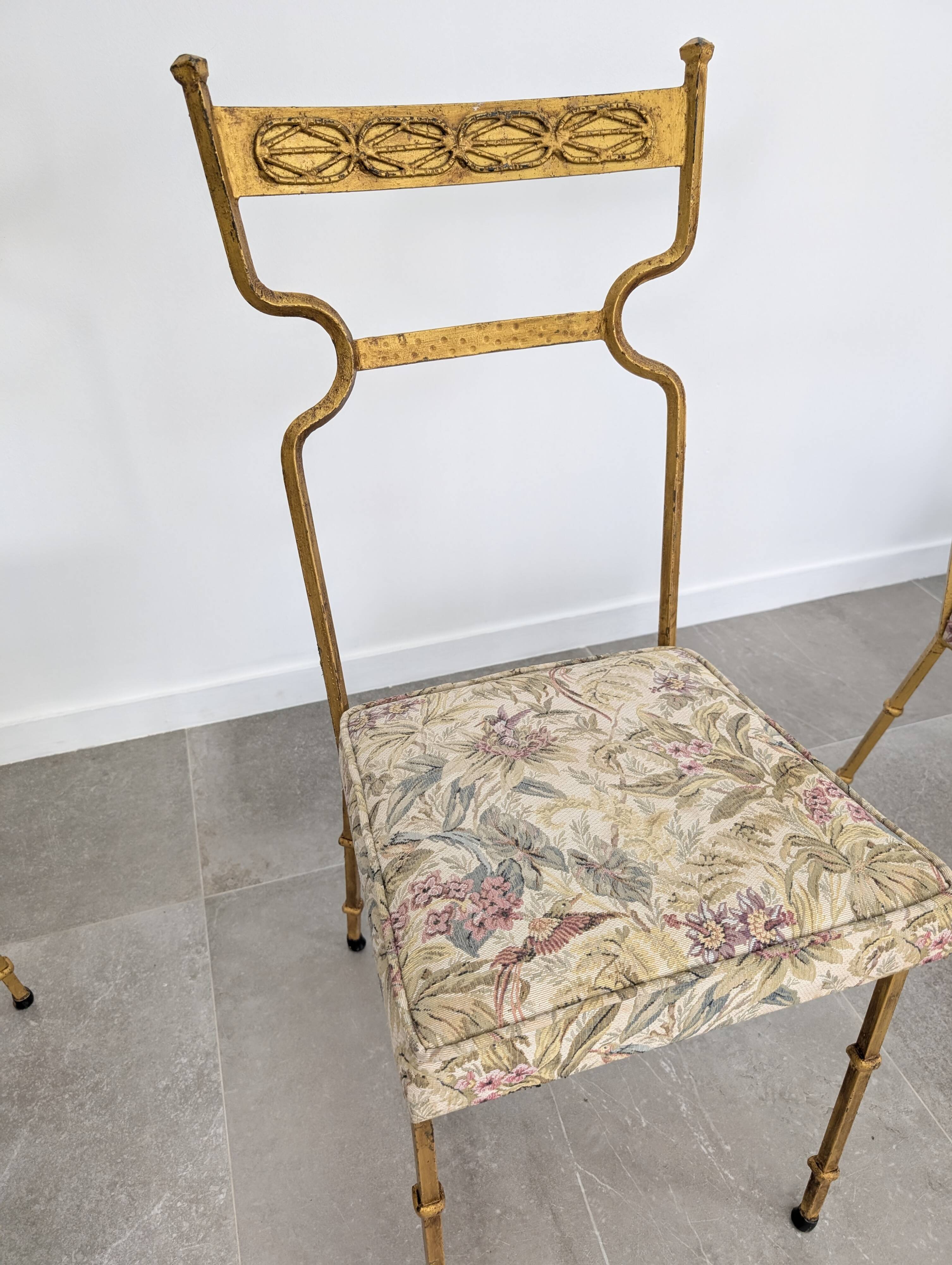 Ensemble de 4 Chaises en Fer Doré et Tissu Fleuri, Espagne, 1980s