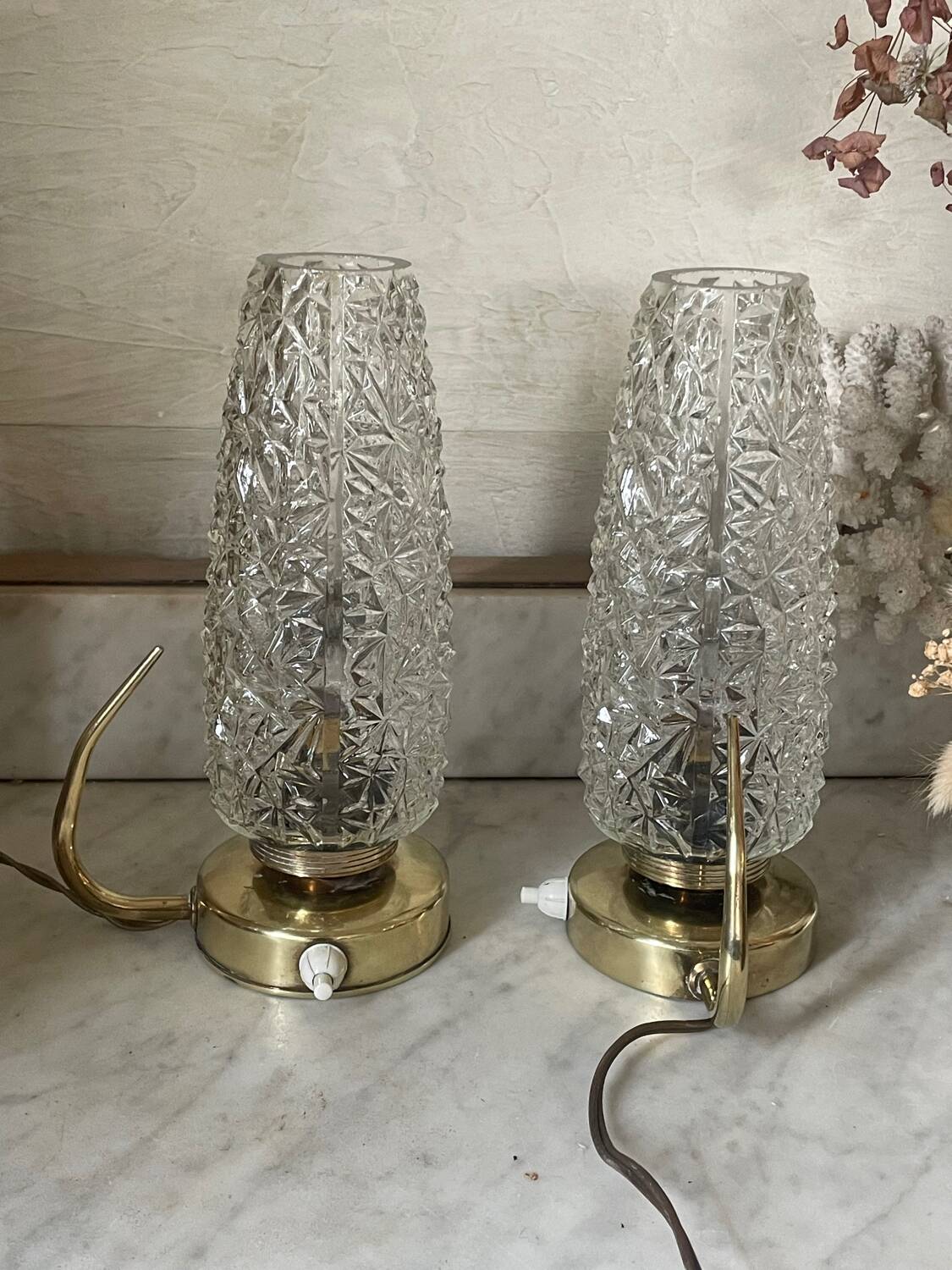 Pair of 1950s brass and glass bedside lamps