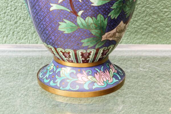 Vase en émaux cloisonnés, Chine, pivoines, oiseaux