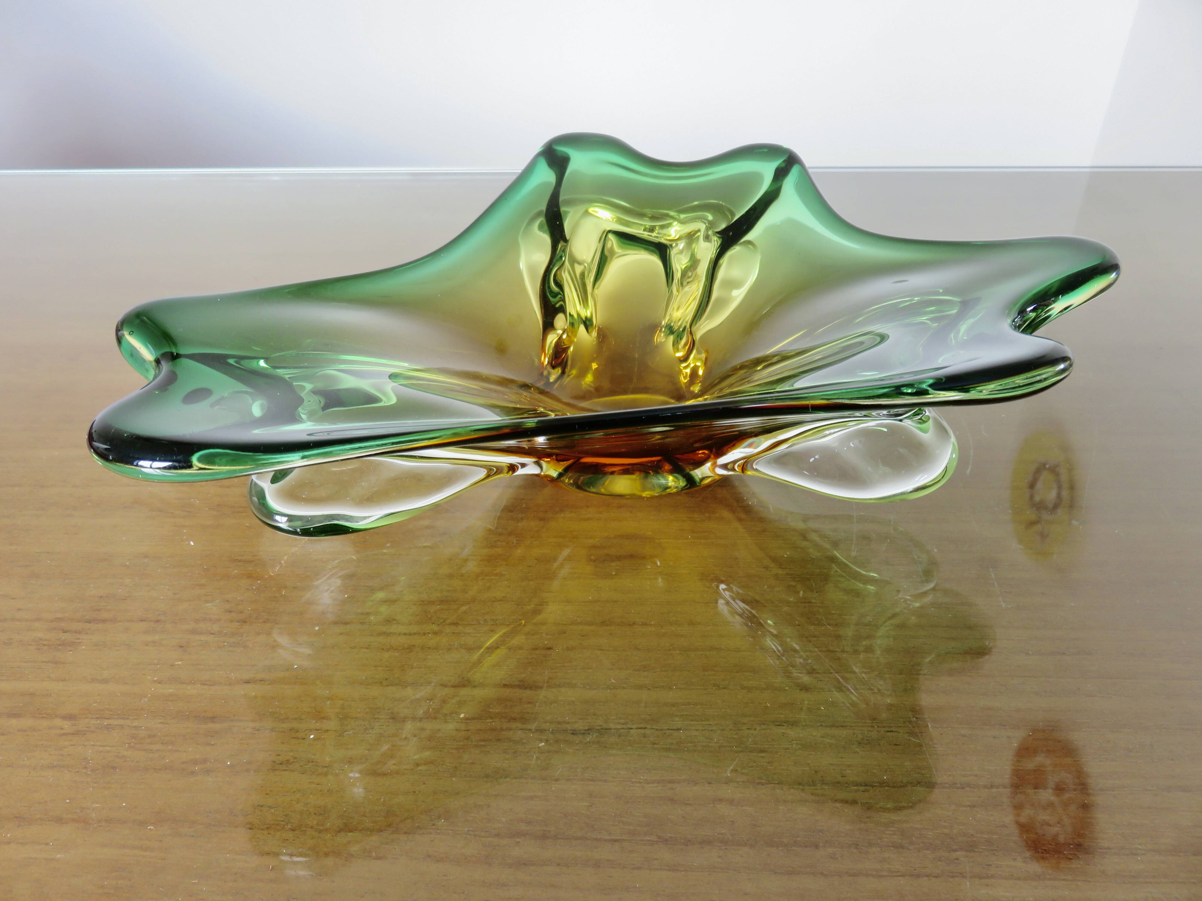 Vide poche en verre de Murano vert, ambre et transparent, années 60 70