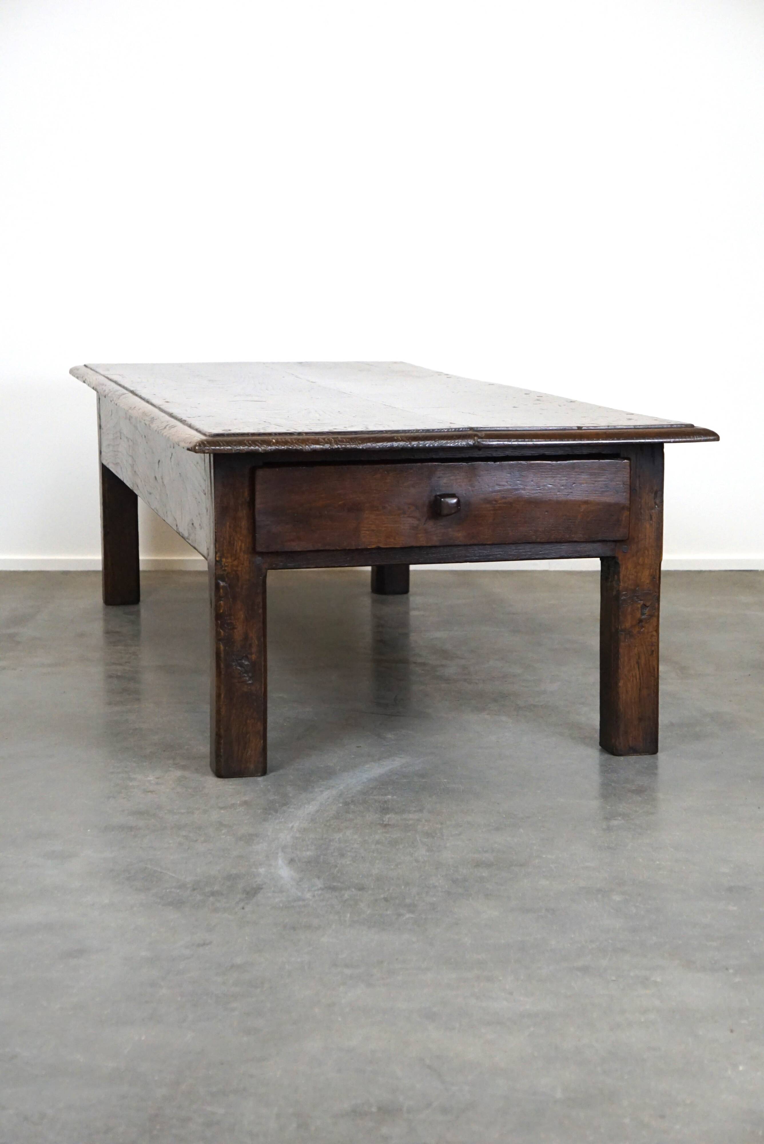 Large antique dark oak coffee table with one drawer