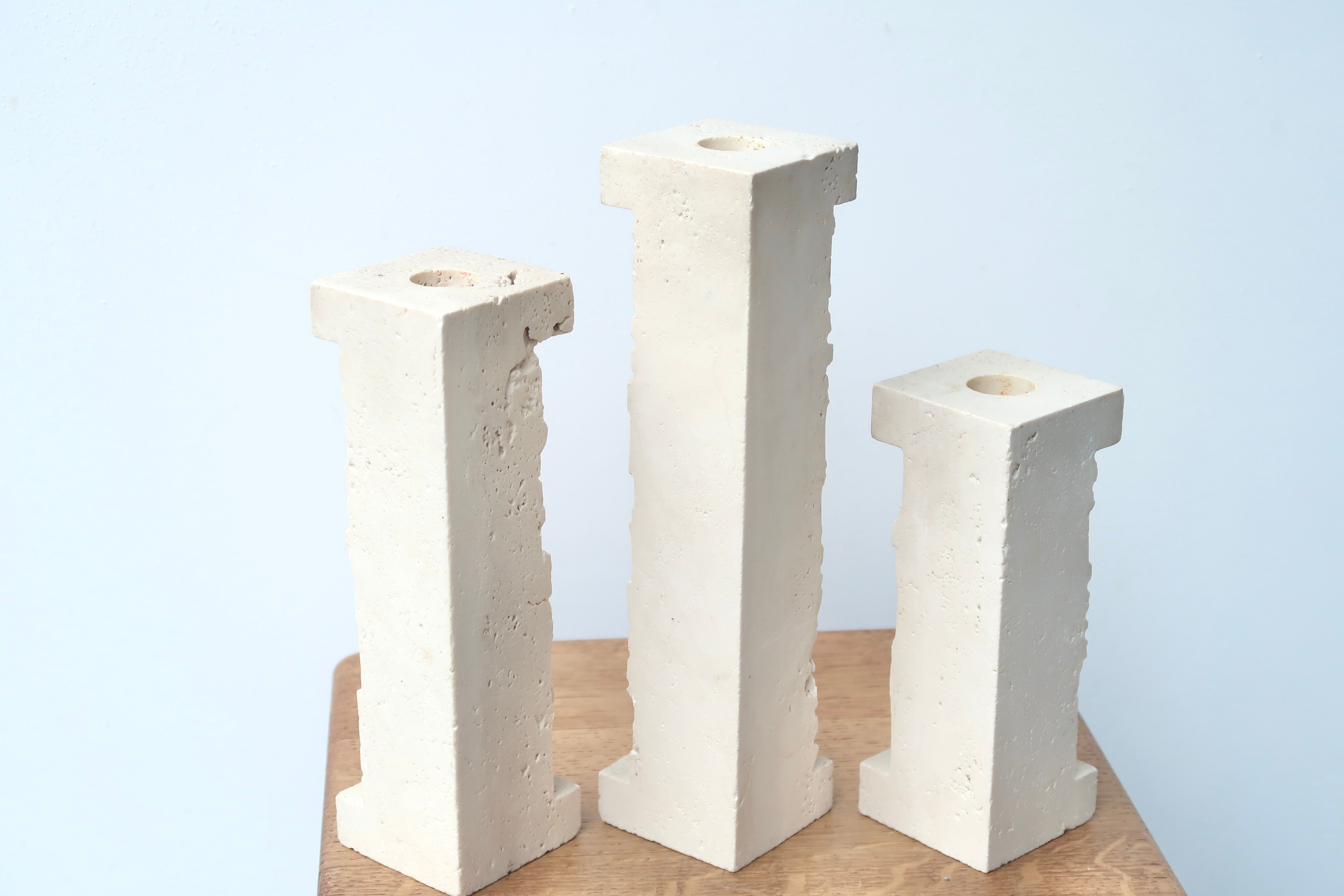Set of 3 travertine column candlesticks Marble Art Marta, 70s
