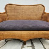 Vintage bench 2 places in rattan and woven rice straw.