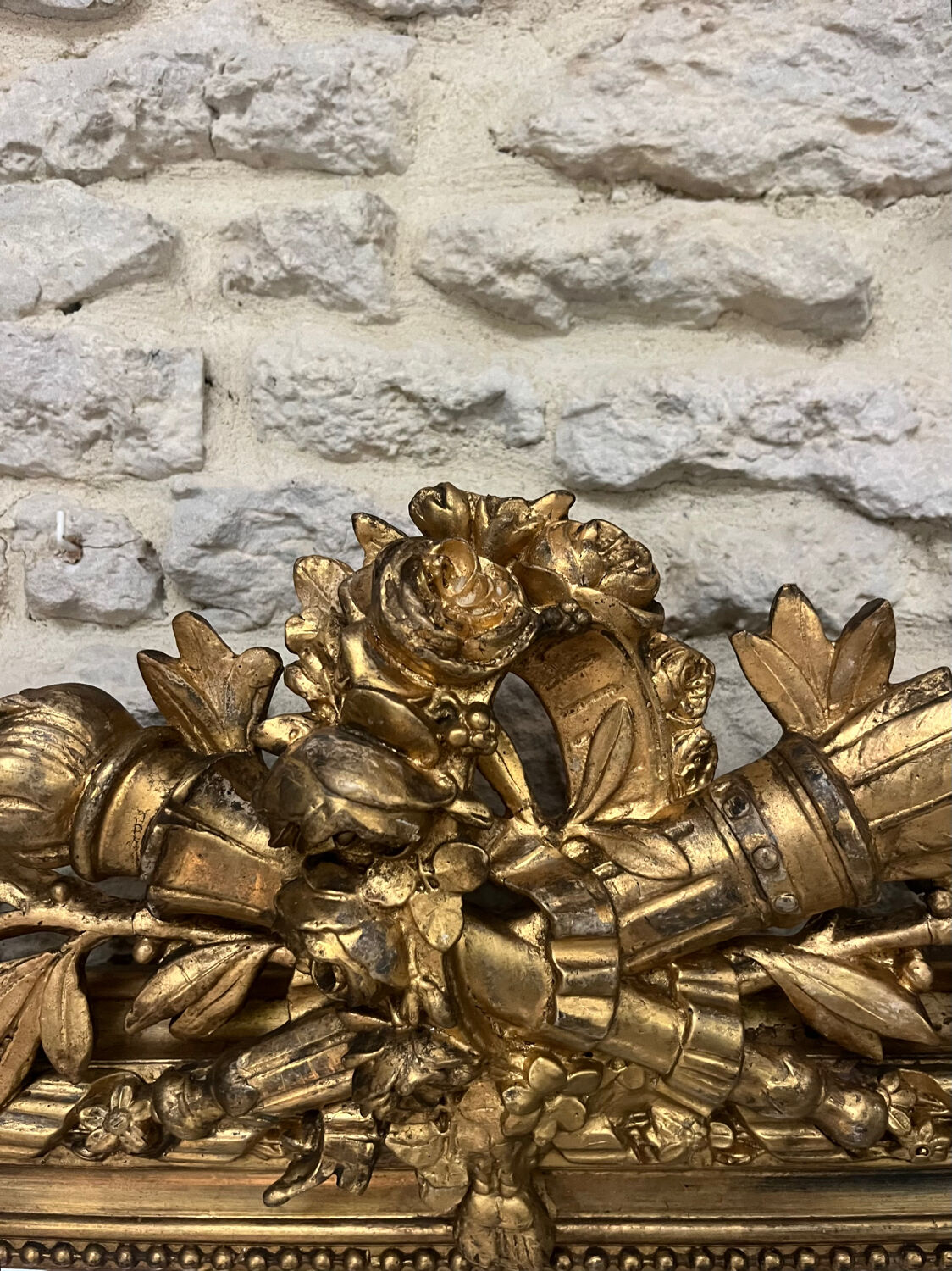 Antique Louis-Philippe fireplace mirror with pediment and beading, 174.5cm