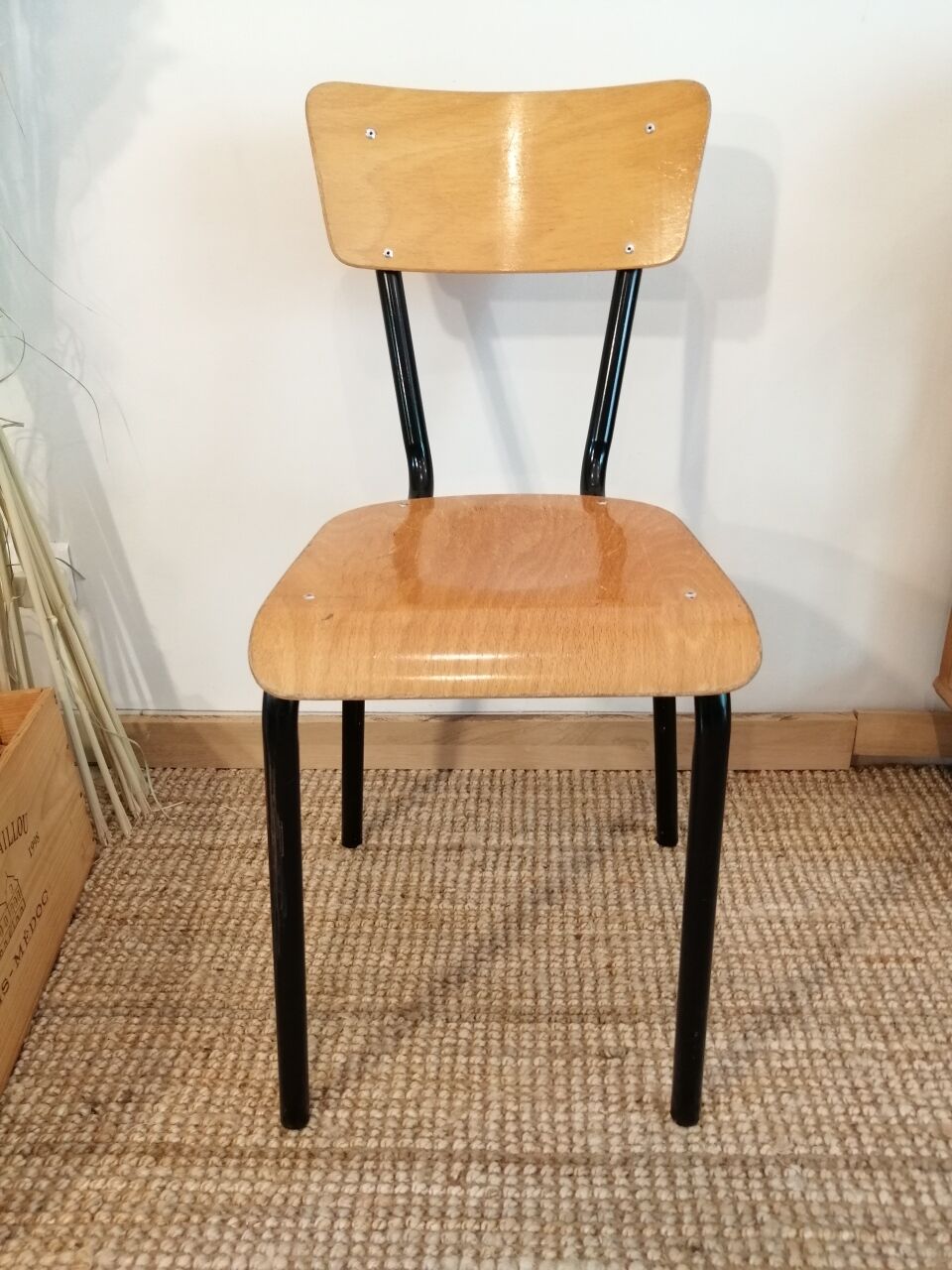 Series of 4 wooden and metal school chairs