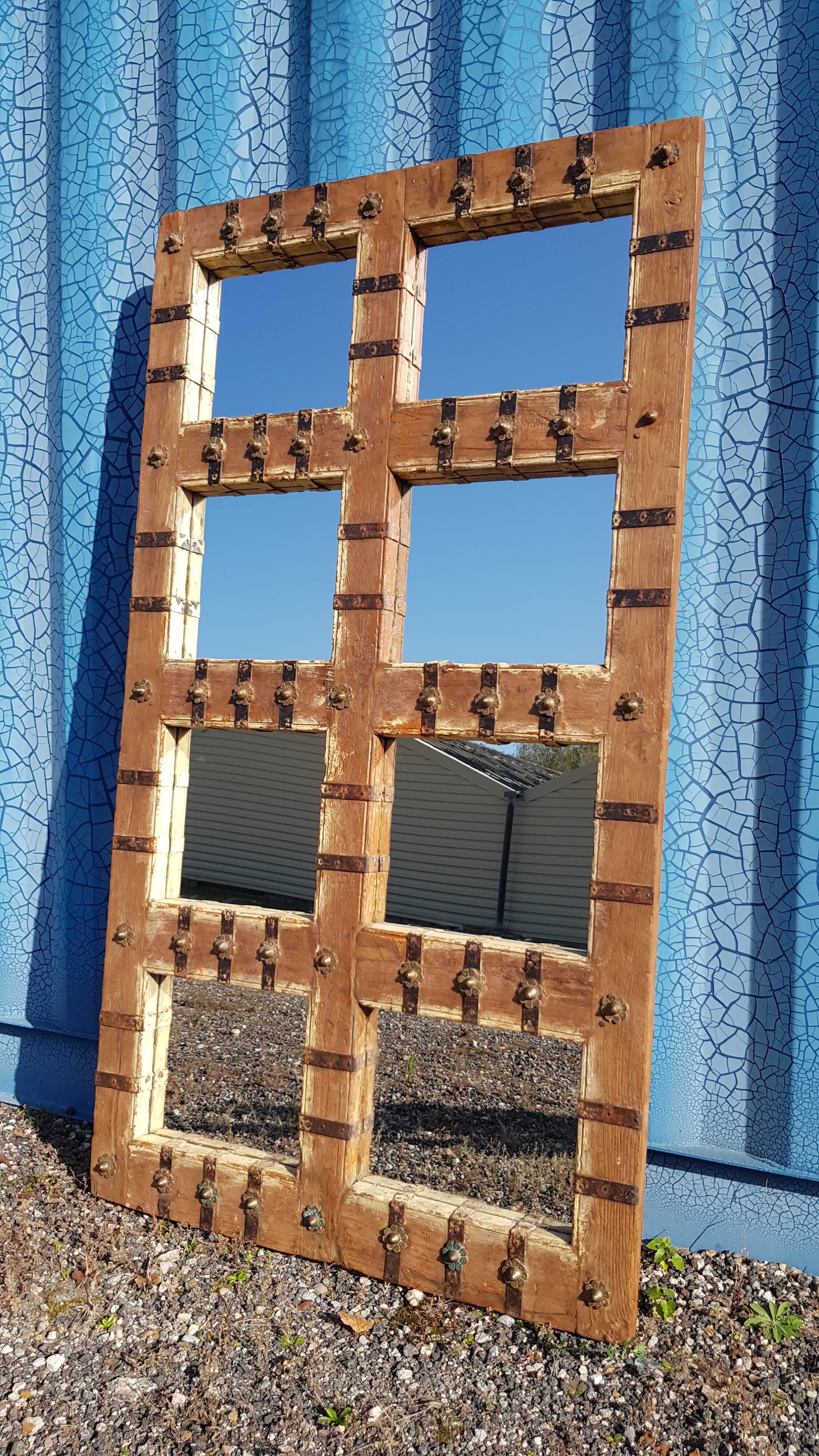 Old Burmese teak mirror with copper fittings