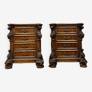 Pair of Louis XV Baroque style bedside tables / nightstands in walnut circa 1950