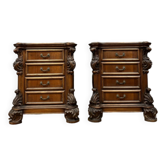 Pair of Louis XV Baroque style bedside tables / nightstands in walnut circa 1950