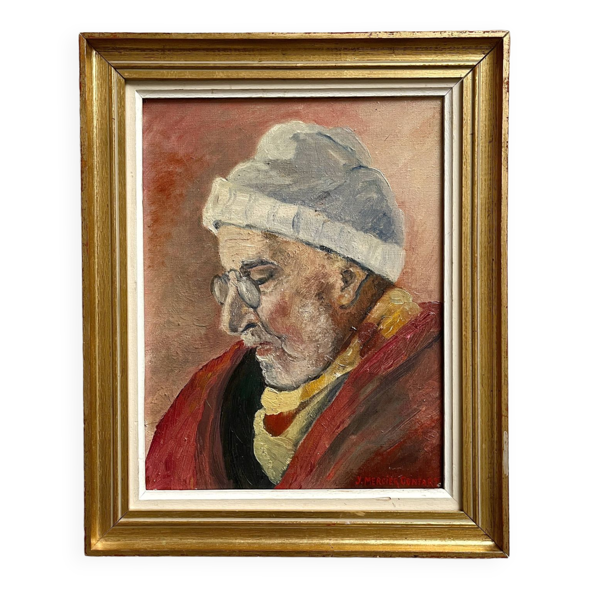 Antique painting, oil on canvas, portrait of a man, signed Y. Mercier Contart