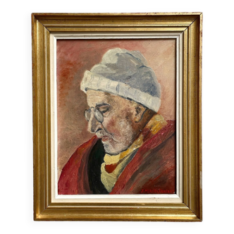 Tableau ancien peinture huile sur toile portrait homme signé Y. Mercier Contart